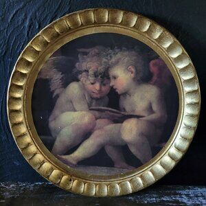 Vtg Sezzatini Cherub Tray 12" Florentine Wood, Made in Italy Romantic Decor